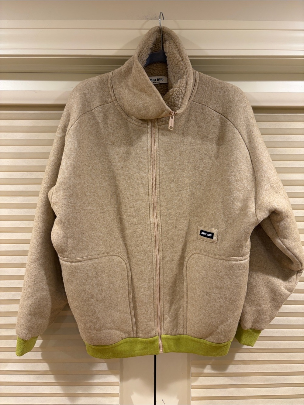 NWOT Miu Miu Beige Sherpa-Lined Zip Jacket, Size 38 = M